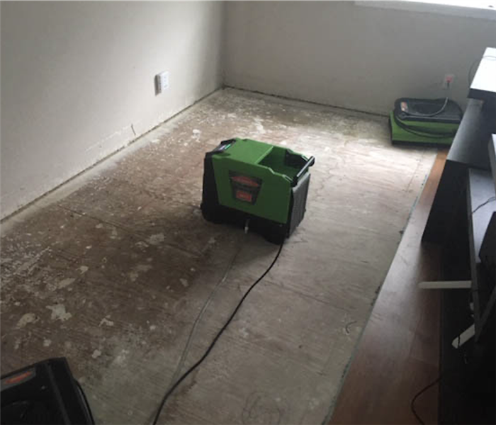 One green air mover inside a room. 
