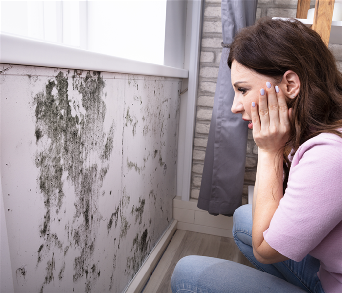 Woman looking at mold growth on her wall.